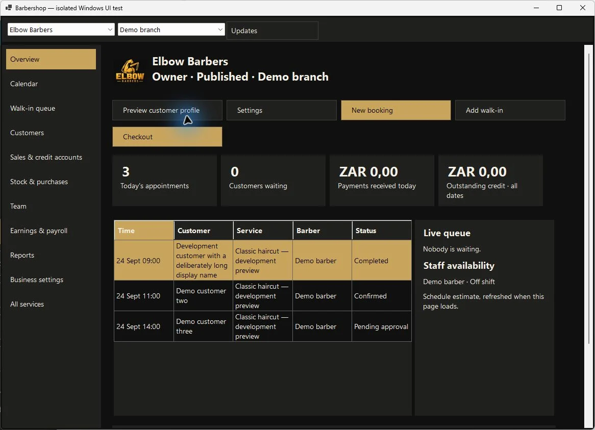 Actual Windows business dashboard showing calendar, customer accounts, stock, staff and reports